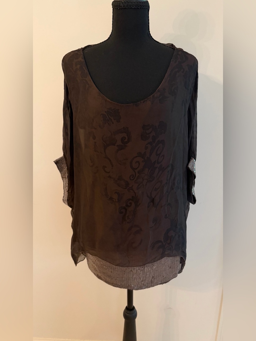Tempo Paris Brown Silk Blend Sheer Floral Blouse with Sequined Sleeve and Hem L